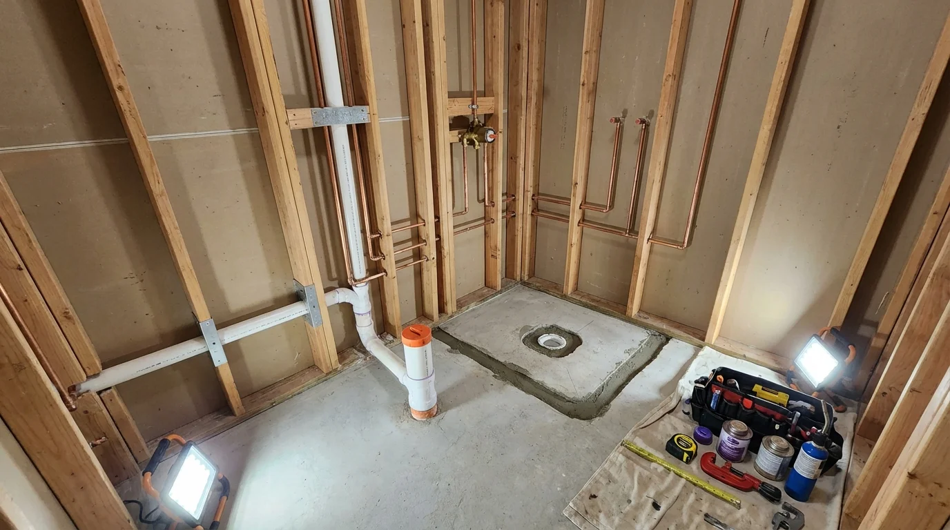 Bathroom rough-in plumbing during remodel by Johns Plumbing LLC in Tallassee