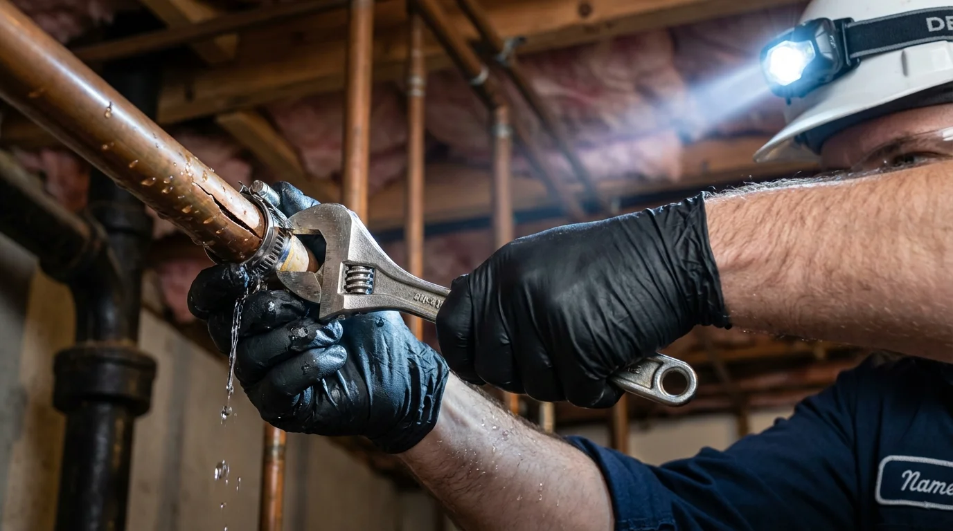 Emergency pipe clamp repair being performed by a Johns Plumbing LLC plumber in Tallassee
