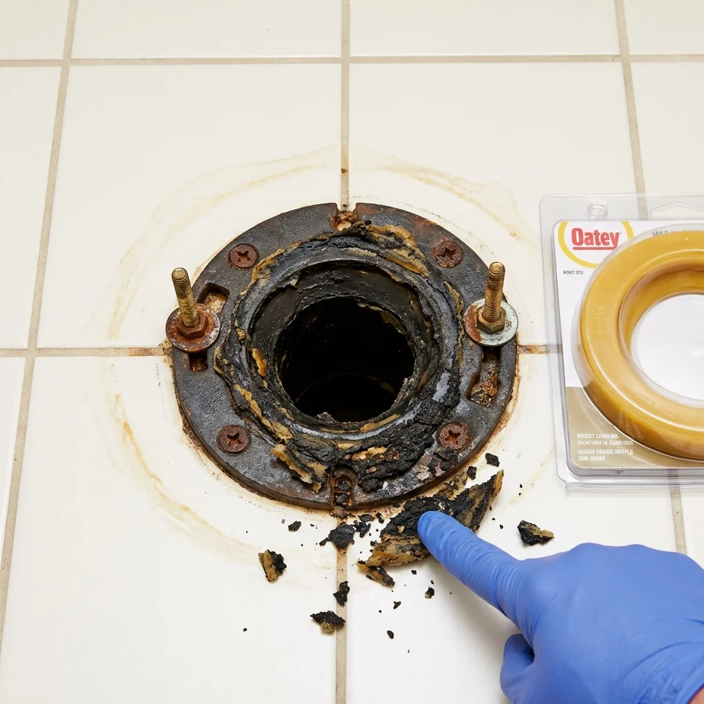 Failed wax ring showing water seepage at the base of a toilet in a Tallassee, AL home