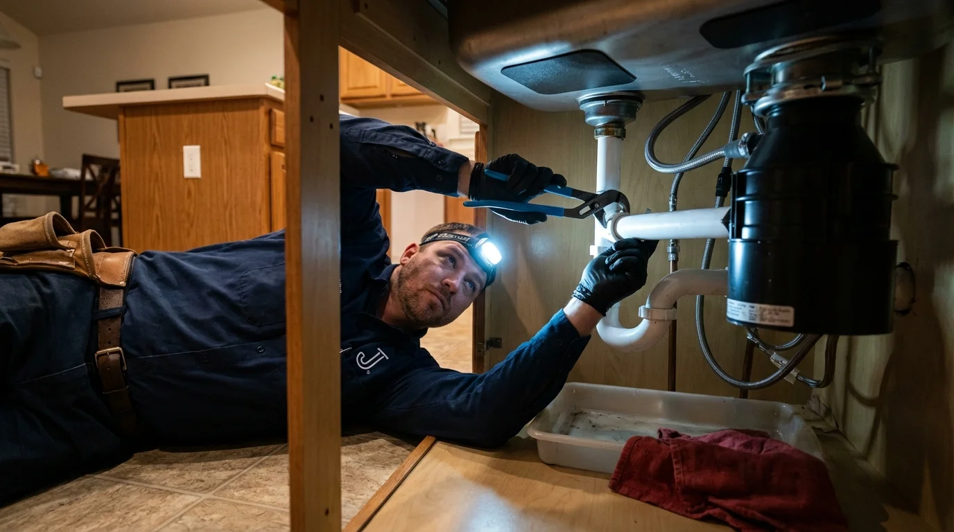 P-trap and supply line connections under a kitchen sink showing a common leak point in Tallassee, AL